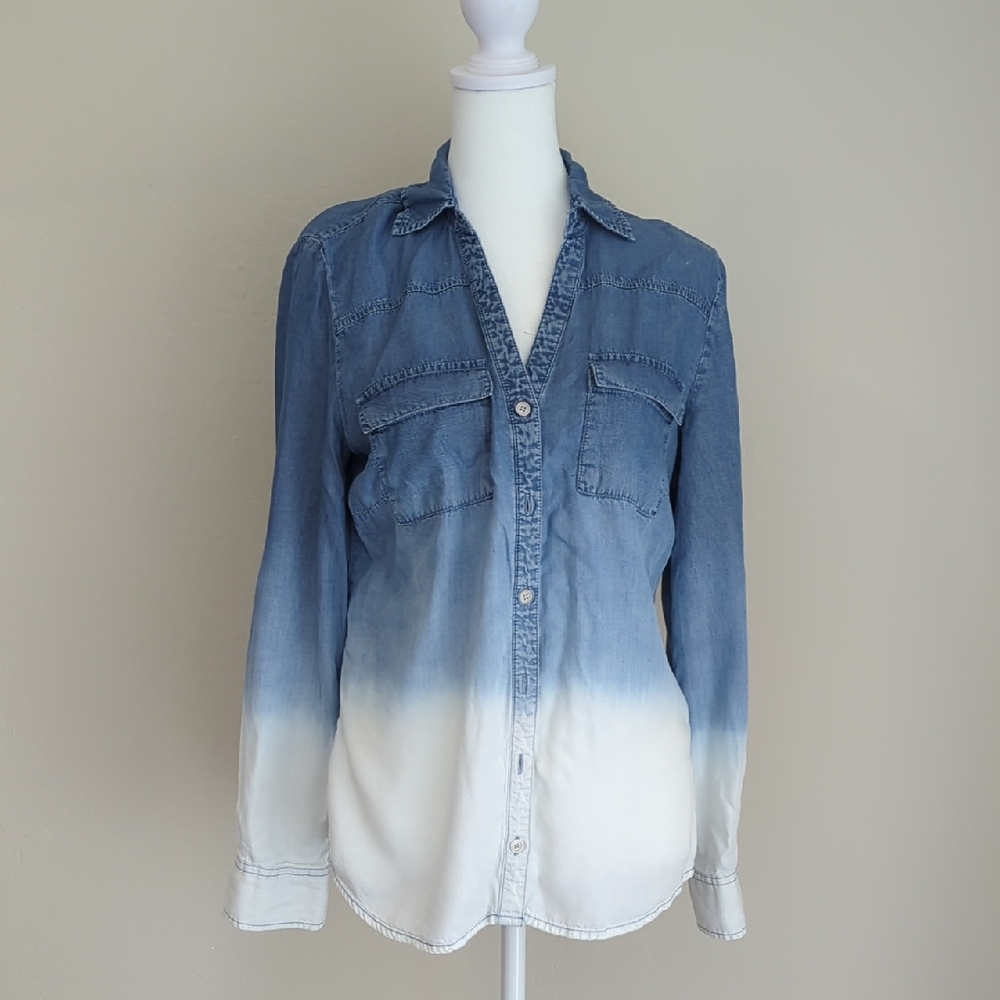 New York & Company Blue And White Ombre Button Down Shirt, S
